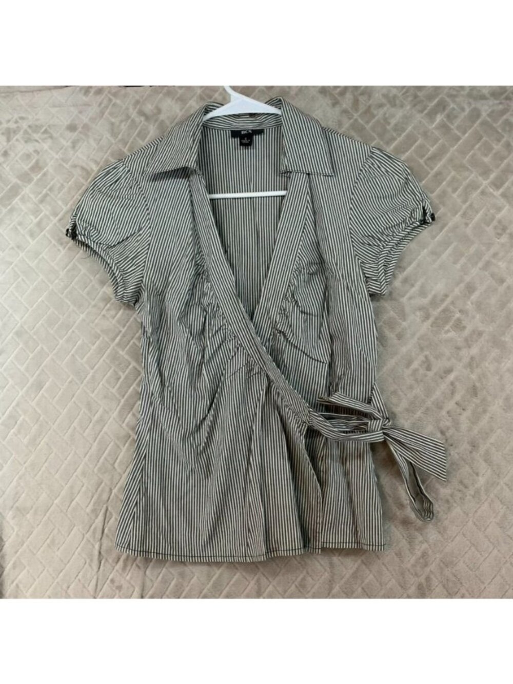 BCX Wrap Blouse Womens S Black & White Striped Short Cap Sleeves Tie Front